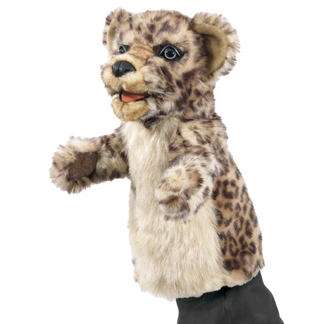 Leopard Cub Stage Puppet with soft acrylic plush spotted fur, expressive eyes, and movable mouth for imaginative play.