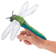 Dragonfly Finger Puppet on hand with colorful green and blue fabric body and translucent wings for imaginative play.
