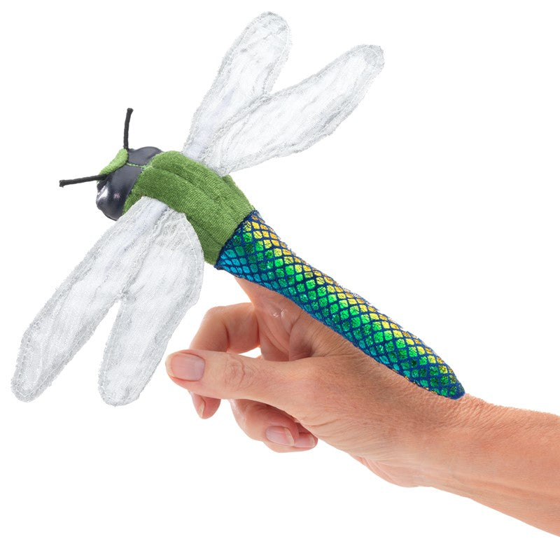 Dragonfly Finger Puppet on hand with colorful green and blue fabric body and translucent wings for imaginative play.