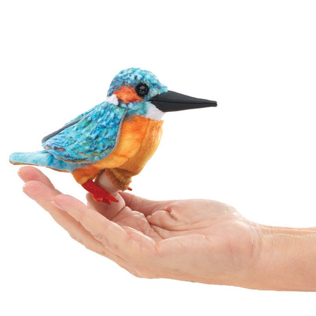 Common Kingfisher Finger Puppet showing vibrant blue and orange colors held gently in an adult hand.
