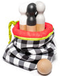 Bowling set with 6 beech wood pins and balls in a black and white checkered bag with red trim.