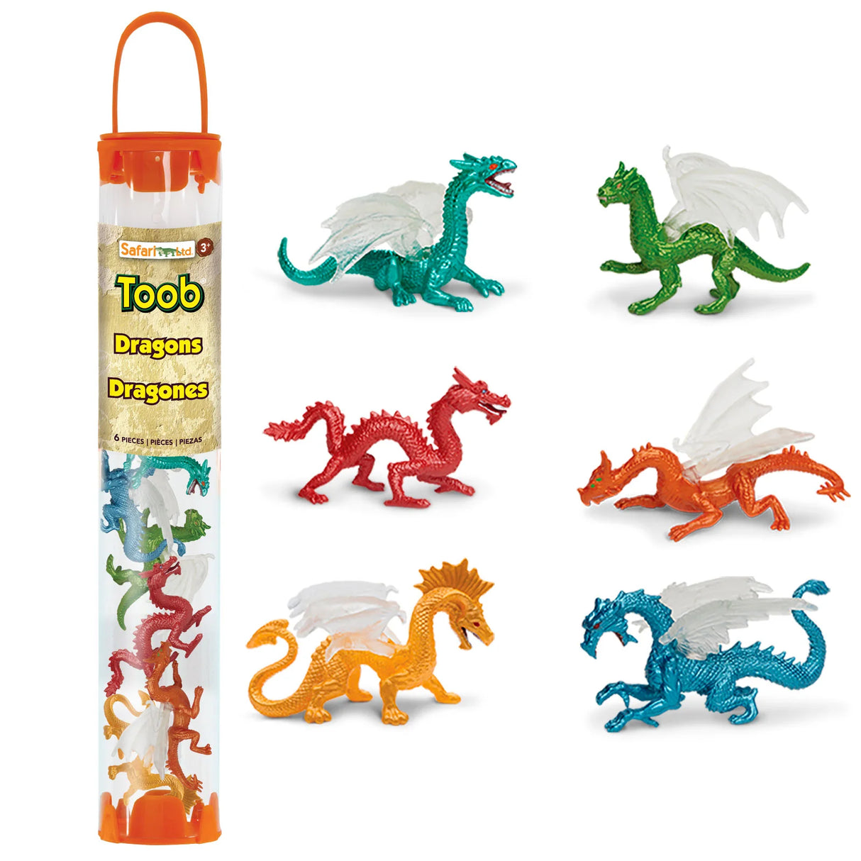 TOOB | Dragons six colorful dragon figurines including Forest, Ice, Mountain, Cloud, and Chinese Horned dragons.