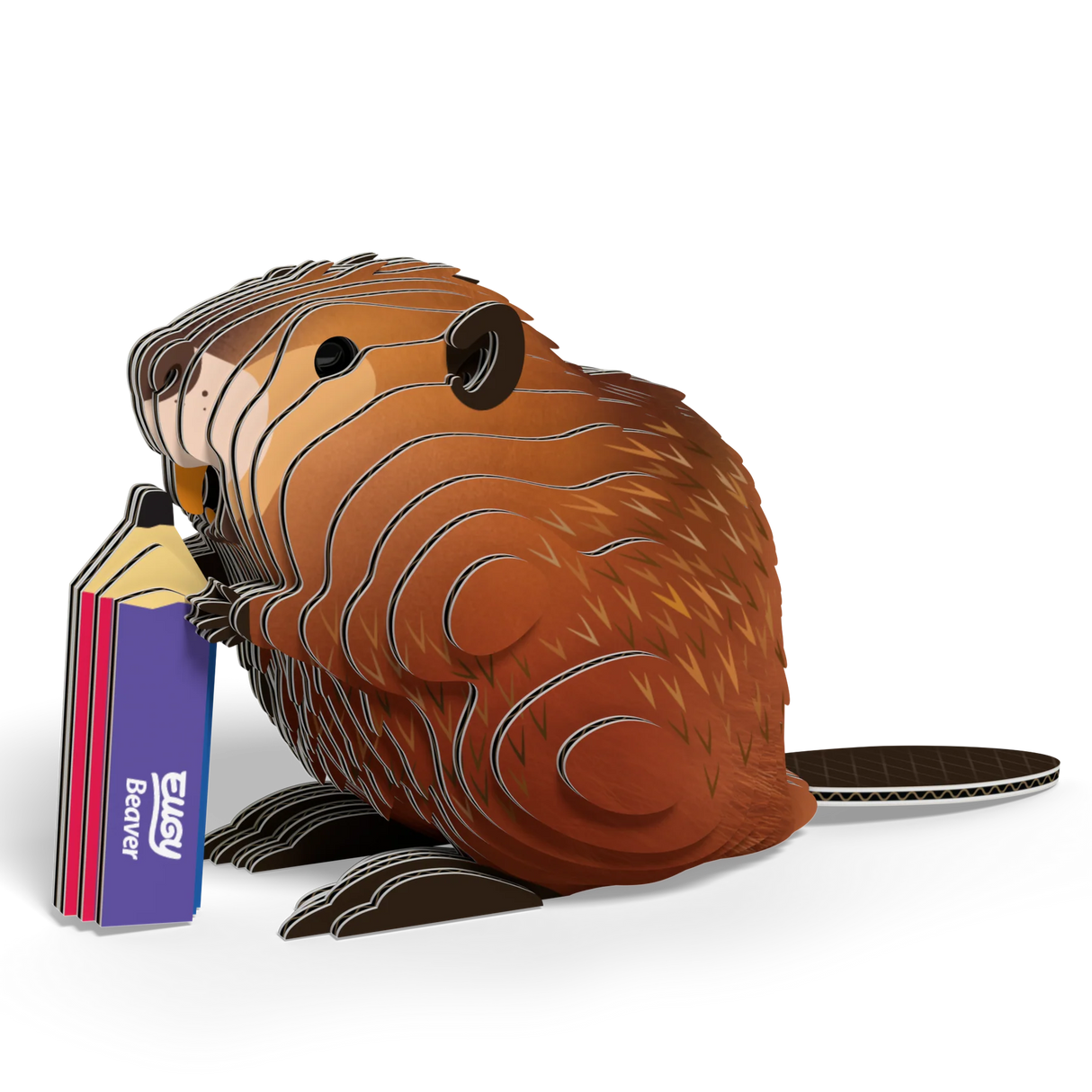 EUGY | Beaver 3D puzzle made of eco-friendly cardboard holding a purple pencil with detailed fur and tail design.
