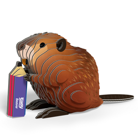 EUGY | Beaver 3D puzzle made of eco-friendly cardboard holding a purple pencil with detailed fur and tail design.