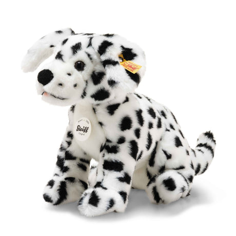 Dalmation Puppy Lupi plush toy with black and white spots, handmade with high-quality materials and Button in Ear trademark.