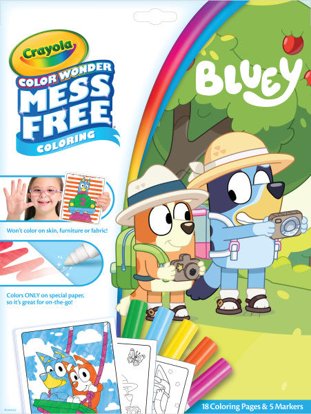 Color Wonder | Bluey Family Trip coloring set with mess-free markers and 18 pages featuring Bluey characters outdoors.