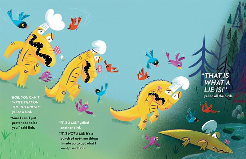 Illustration from Pizza For Birds showing colorful birds confronting a dinosaur chef character in a forest scene.