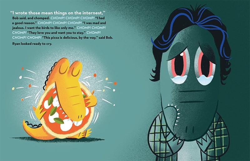 Illustration from Pizza For Birds showing a character eating pizza and another looking sad with teary eyes in a friendly cartoon style