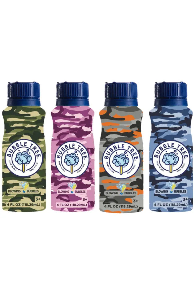 Bubble Tree | Camo Bubbles Bottle, pre-filled recyclable aluminum bubble bottles with custom camo designs and attached wands.