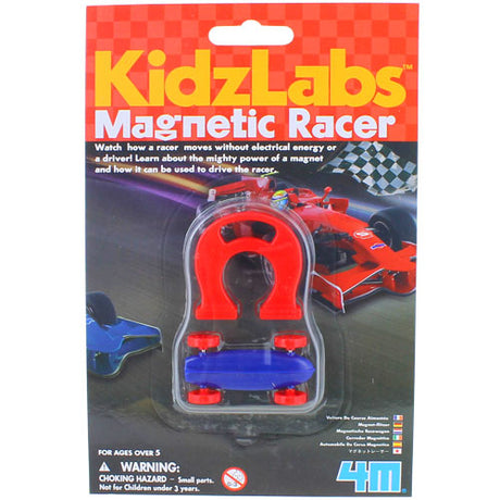 KidzLabs Magnetic Racer educational toy showing a red horseshoe magnet and blue racer on packaging for ages 5 and up