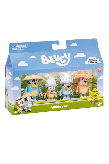 Bluey Figure 4-Pack Series 11 featuring family trip characters with hats and accessories in a blue and green box.