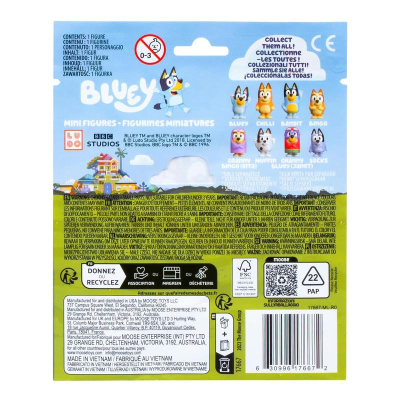Bluey Mini Figure Mystery Pack packaging showing collectible mini figures from the Bluey series with product details.