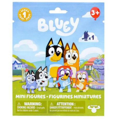 Bluey Mini Figure Mystery Pack featuring one collectible 1-inch figure from Bluey and friends for ages 3 and up.