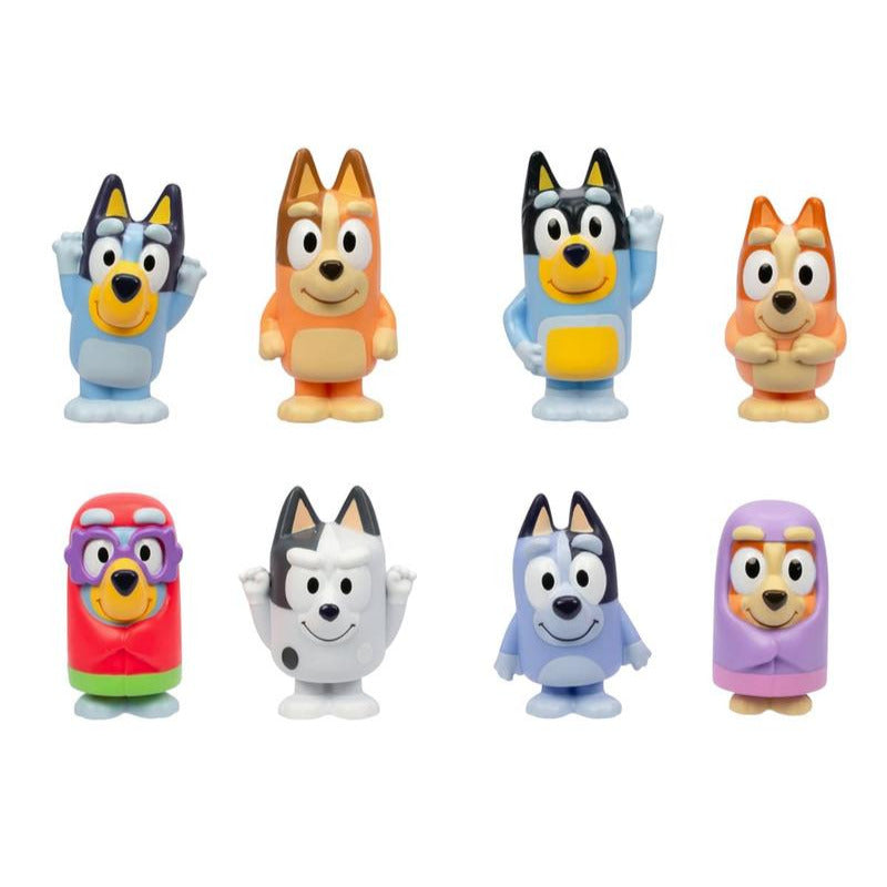 Bluey Mini Figure Mystery Pack showing eight collectible 1-inch mini figures of Bluey characters in various poses.