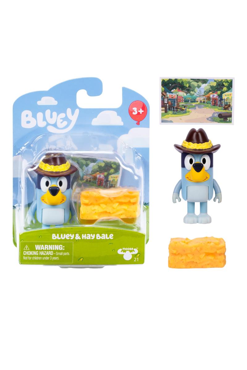 Bluey Figure Story Starter Series 11 featuring Bluey character with poseable arms and hay bale accessory in packaging and out