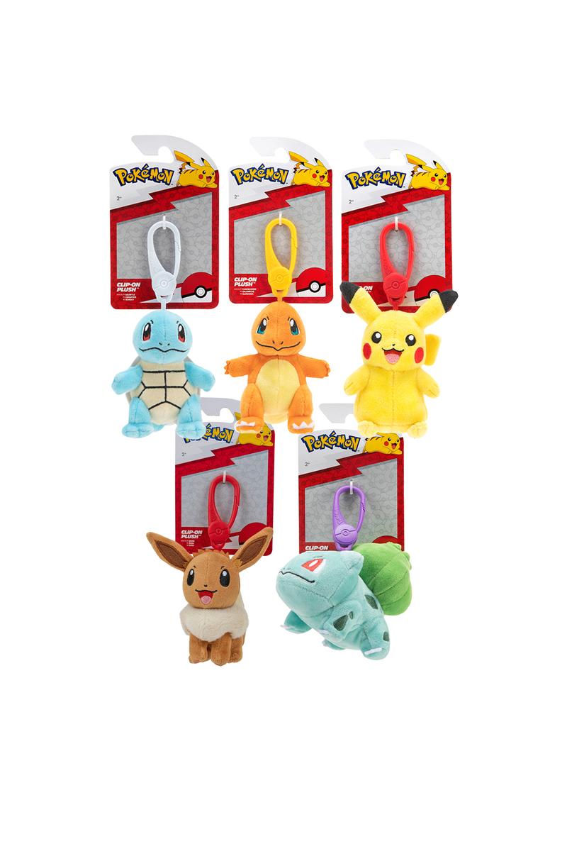 Pokemon ClipOn Plush featuring Pikachu, Charmander, Squirtle, Bulbasaur, and Eevee in 3.5-inch clip-on plush form.
