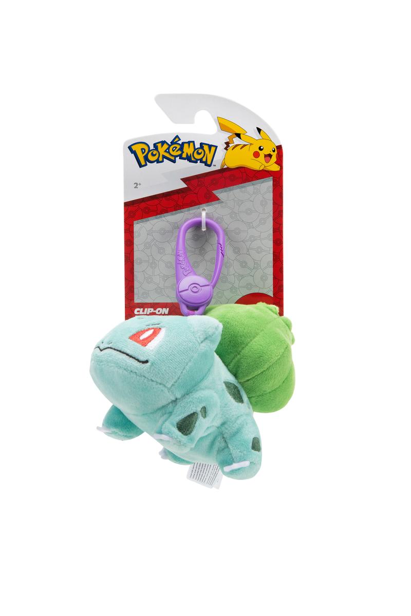 Pokemon ClipOn Plush featuring a 3.5-inch Bulbasaur plush with a purple clip for backpacks or bags.