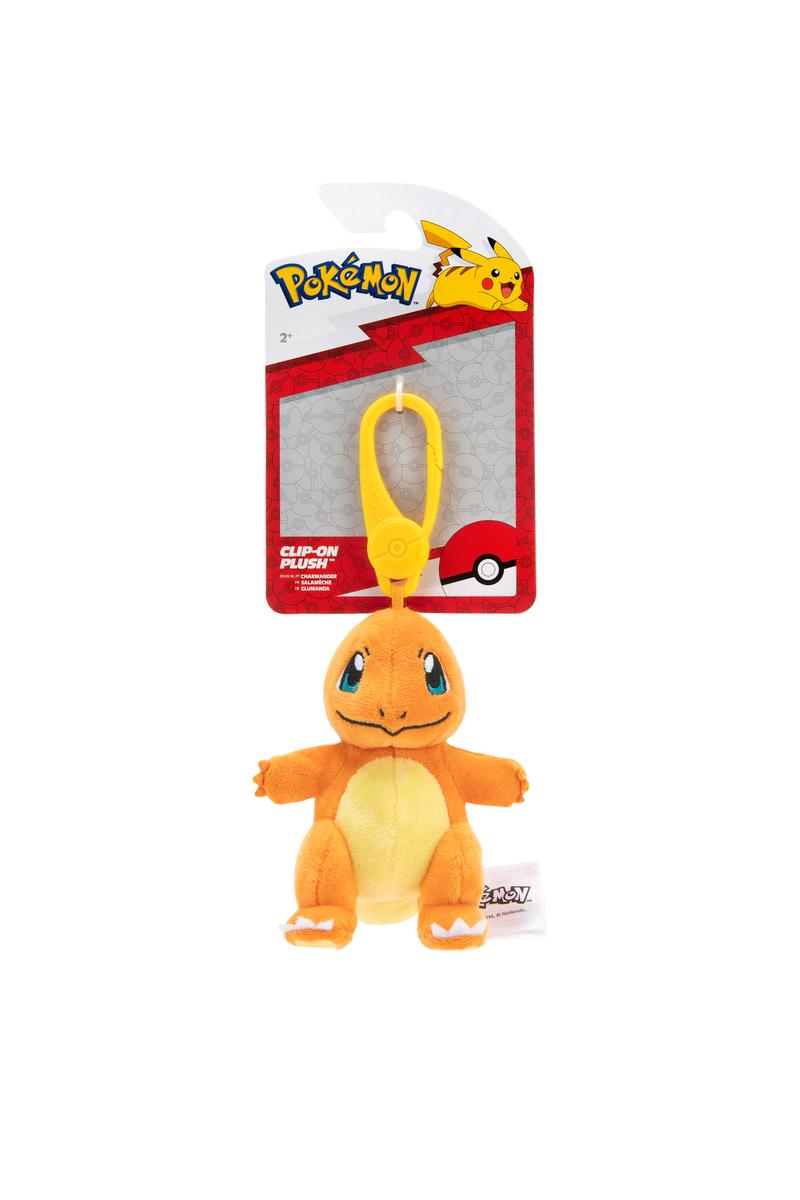Pokemon ClipOn Plush featuring Charmander with yellow clip for easy attachment to bags or backpacks.