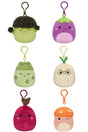 Squishmallow Squishville Veggie Clip featuring plush broccoli, eggplant, asparagus, onion with glasses, beet, and mushroom clip-ons.