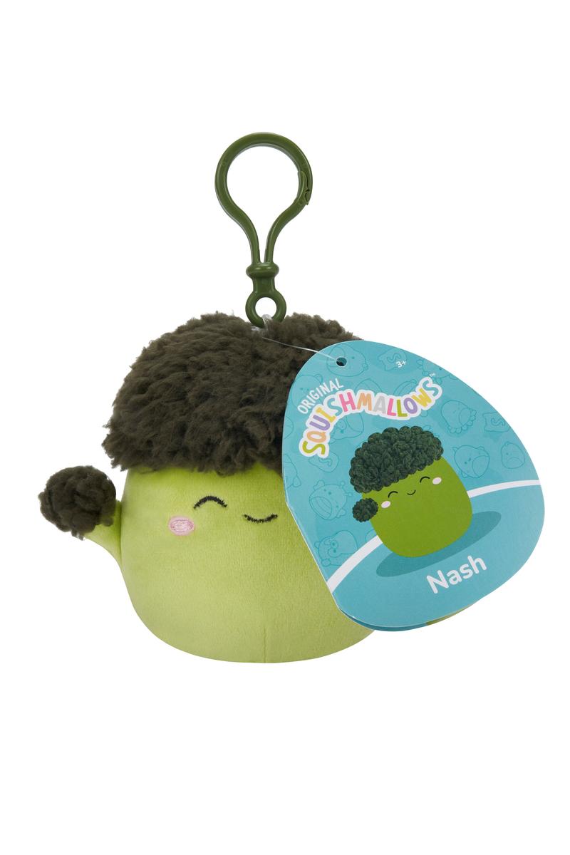 Squishmallow Squishville Veggie Clip plush keychain featuring Nash the happy green broccoli character.