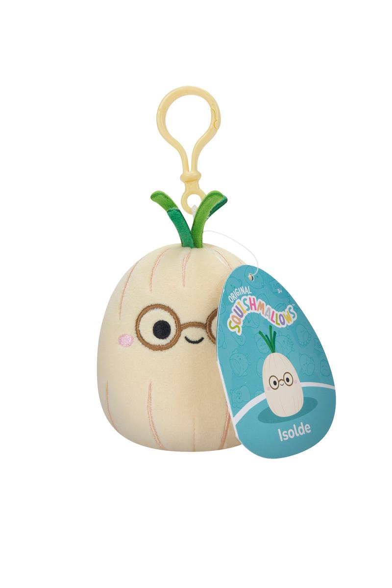 Squishmallow Squishville Veggie Clip plush of Onion with glasses and green sprout clip attachment.