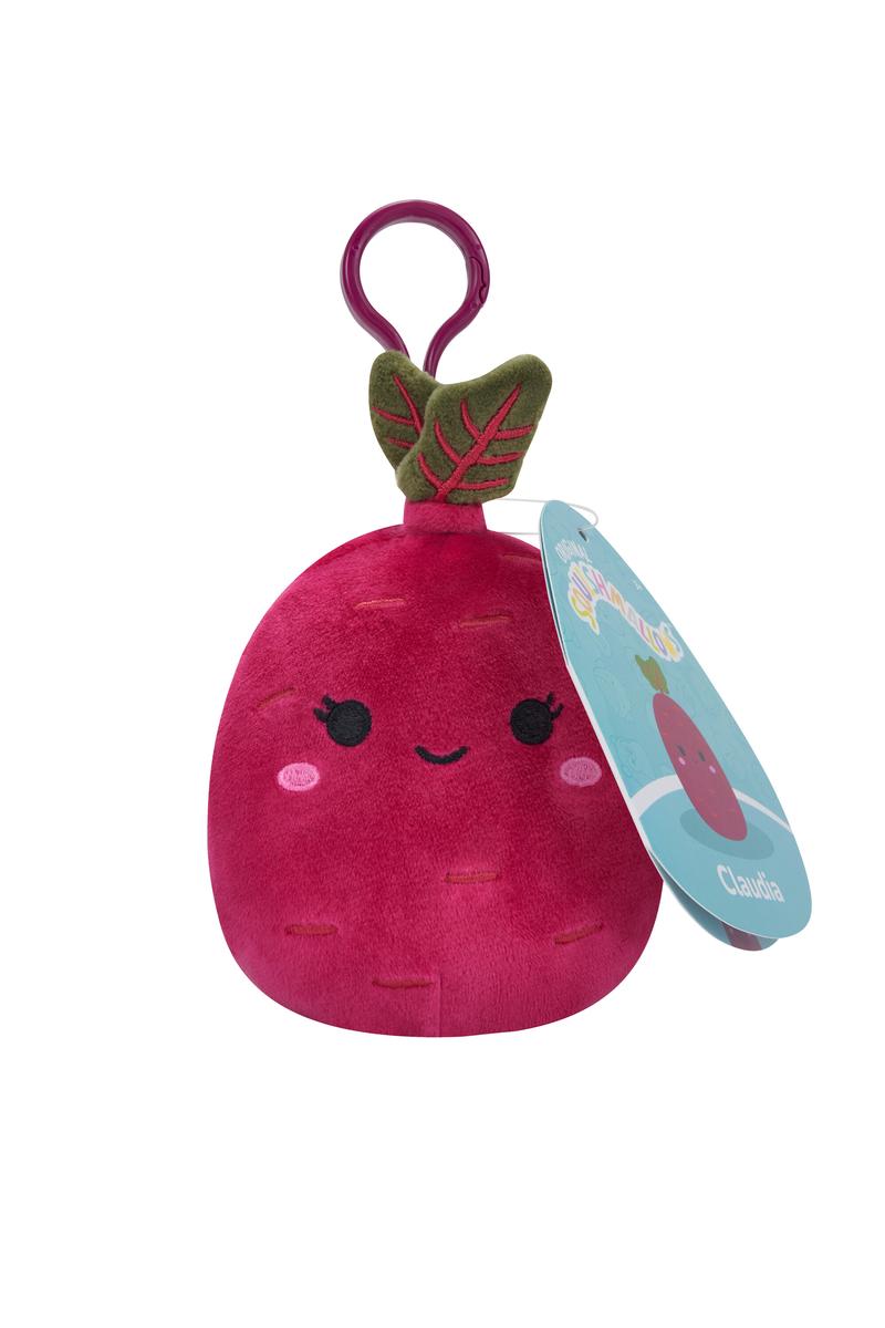 Squishmallow Squishville Veggie Clip plush in bright red with smiling face and green leaf clip on top.