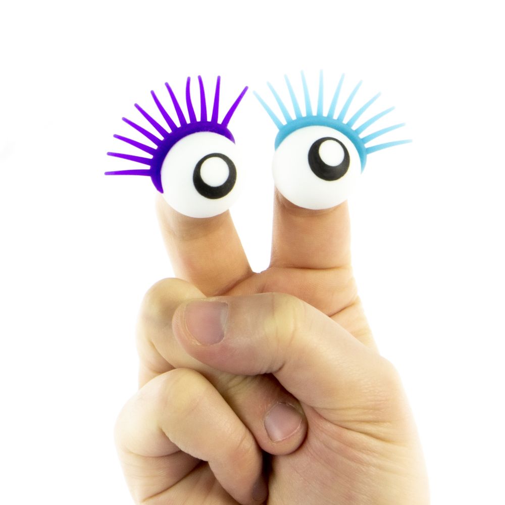 Finger Spy Eye on two fingers with colorful spiked lashes in purple and blue on a white background.