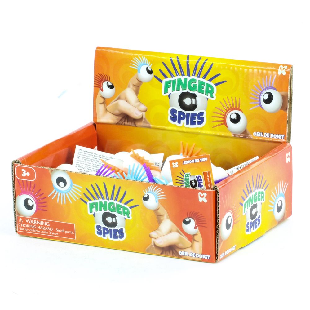 Finger Spy Eye box display with assorted colorful finger toys for kids ages 3 and up, adding fun and mystery.