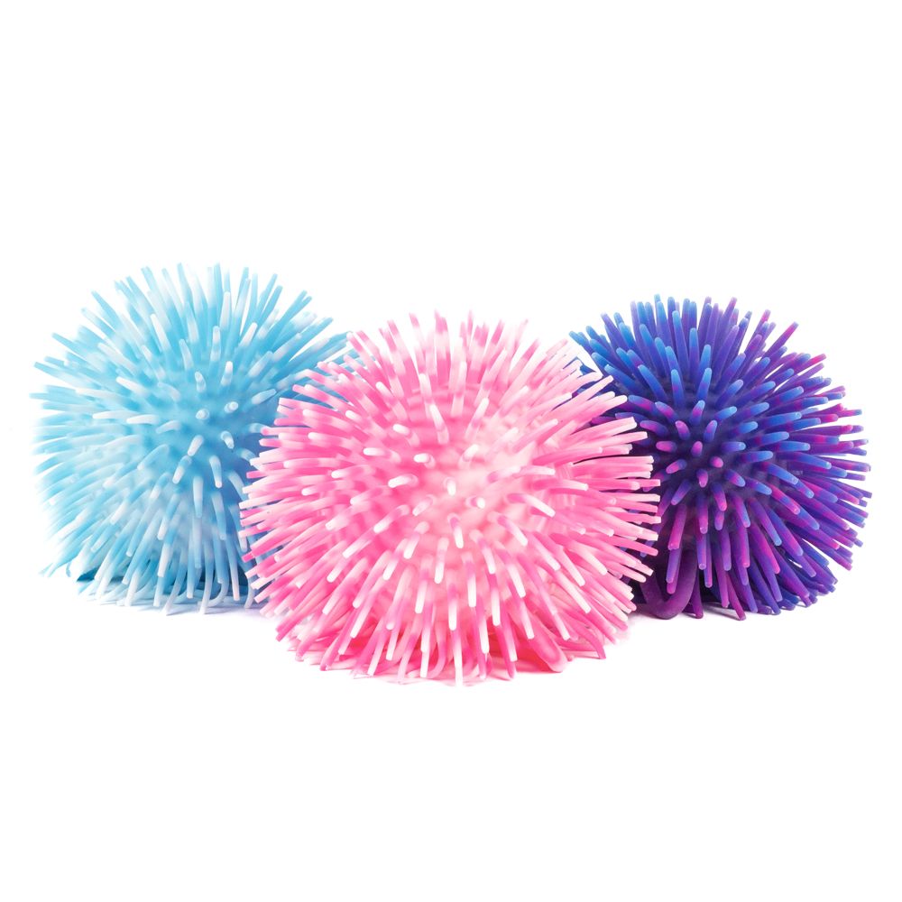 Three colorful spikey sensory Tutti Fruiti Puffer Balls in blue, pink, and purple shown side by side.
