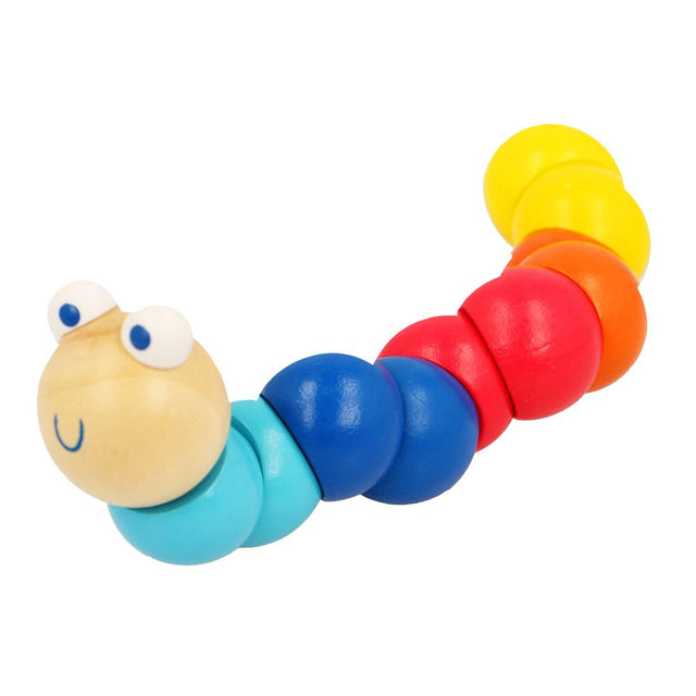 Majigg Woody the Worm colorful wooden toy with painted ball segments and a smiling face for children ages 1 and up.
