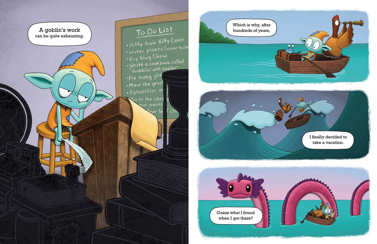 Mermaids Are the Worst! book illustration showing Gilbert the Goblin's chaotic beach vacation with waves and sea creatures.