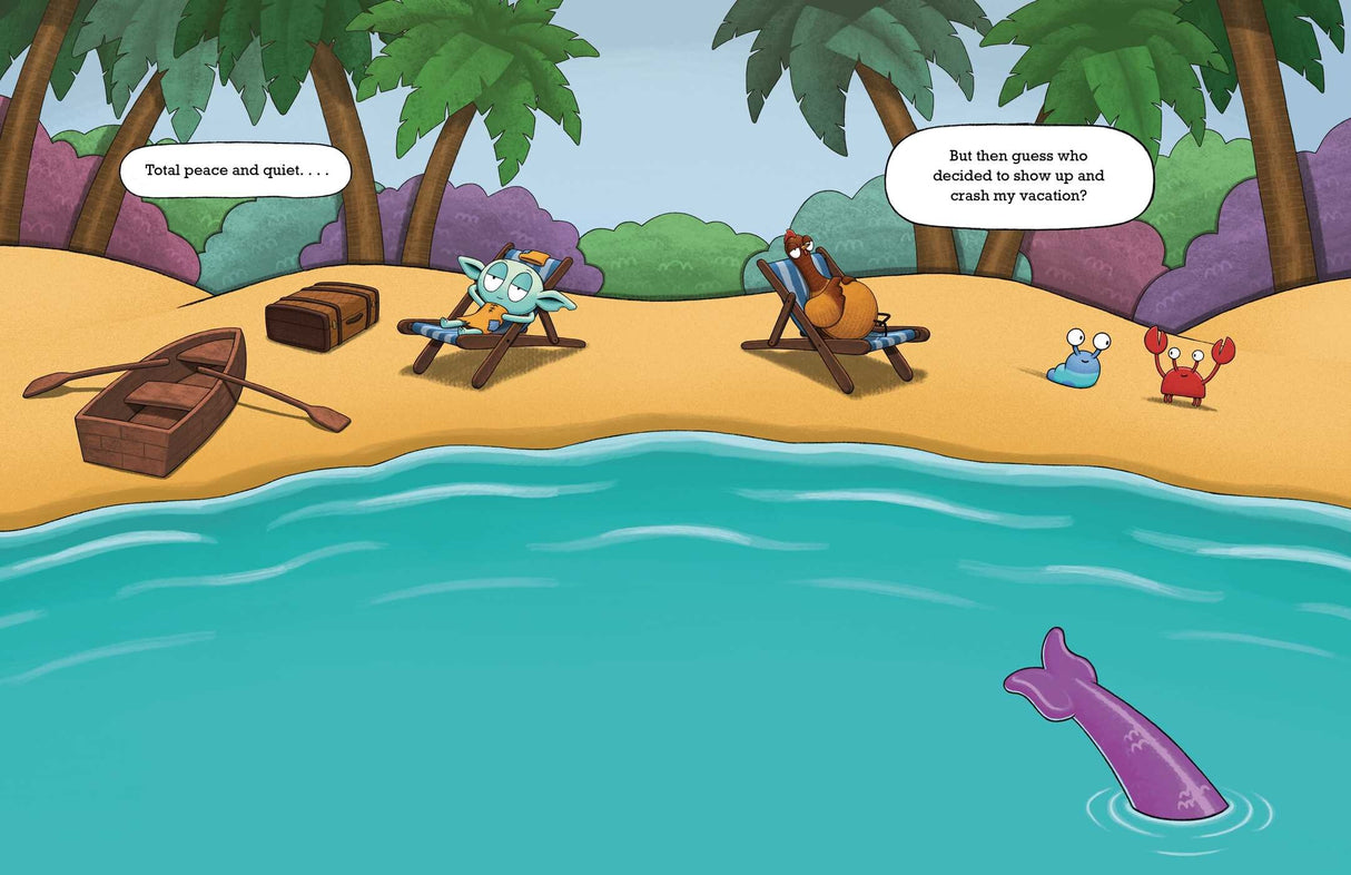 Illustration from "Mermaids Are the Worst!" showing a goblin relaxing on the beach disturbed by a mermaid’s tail in the water.