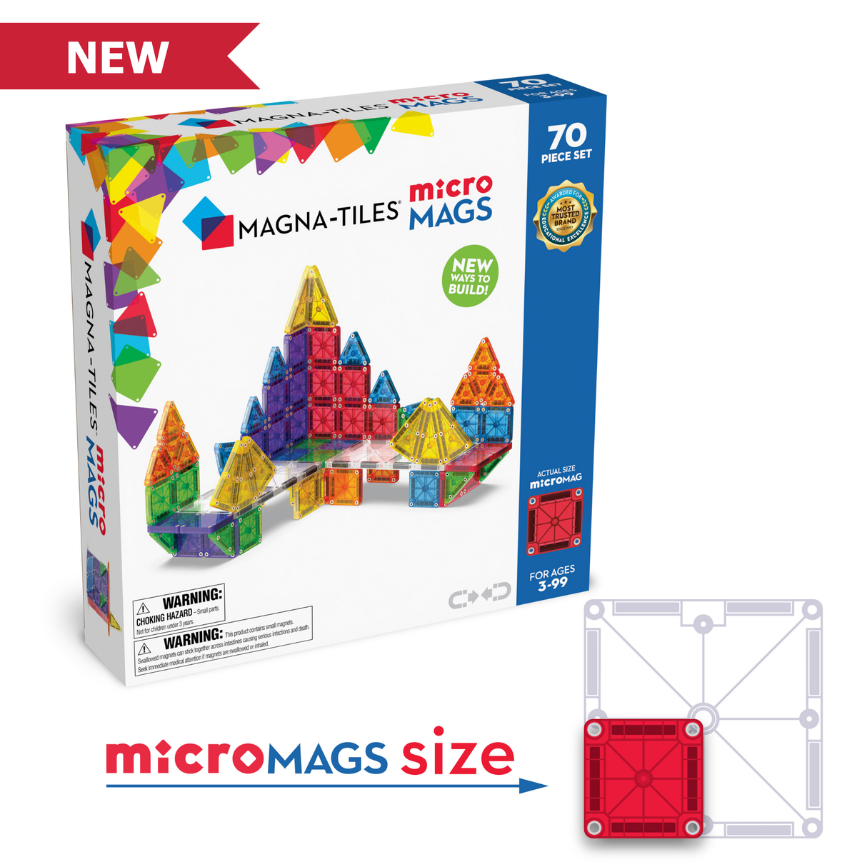 Magnatiles Micromags 70-piece set with colorful magnetic micro tiles for creative and portable building fun.