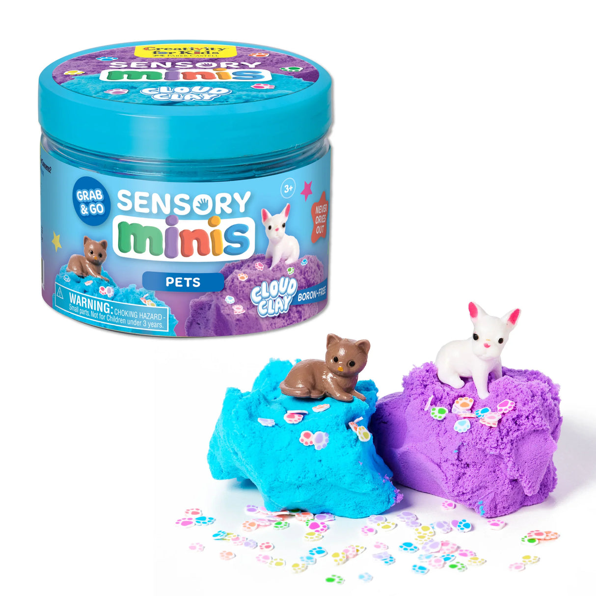 Sensory Minis jar with blue and purple cloud clay and small animal figures for tactile, mess-free sensory play.