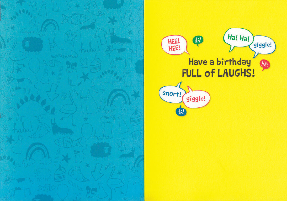 Jokes Foil Card with colorful speech bubbles and birthday message full of laughs, 5x7 inches with envelope.