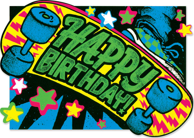 Skateboard Neon Card with colorful skateboard design and "Happy Birthday!" text, perfect for cool birthday greetings.