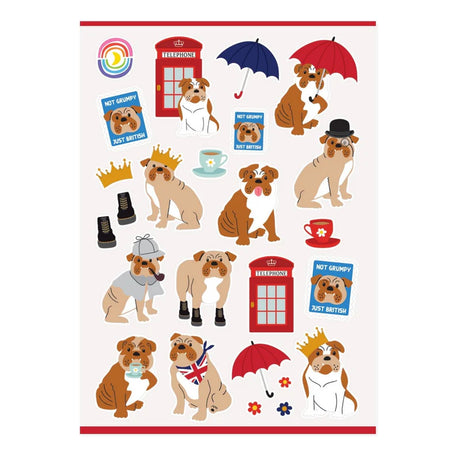 This 4.25" x 5.8" sheet of stickers contains 24 adorable bulldogs and British themed stickers.