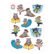 Sticker sheet measuring 4.25" x 5.8" which includes 12 stickers of a hippo doing different activities, such as drinking tea, ballet, surfing, and ice skating.