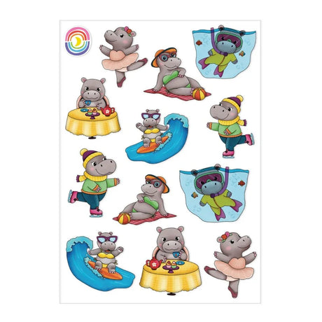Sticker sheet measuring 4.25" x 5.8" which includes 12 stickers of a hippo doing different activities, such as drinking tea, ballet, surfing, and ice skating.