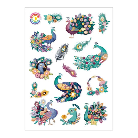 This 4.25" x 5.8" sticker sheet features 15 stunning stickers with hand drawn designs of peacocks, feathers, and flowers.