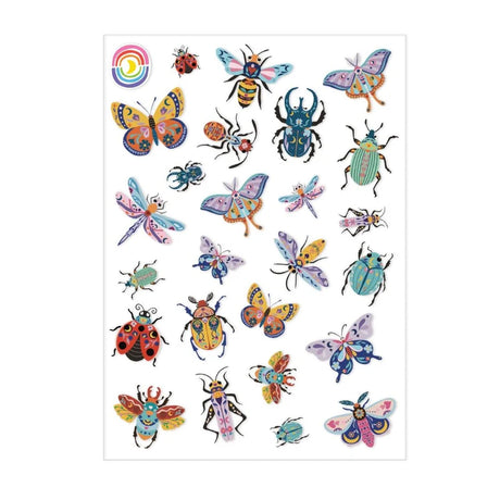 This sticker sheet measuring 4.25" x 5.8" features 25 stickers of beetles, butterflies, bees, moths, and more, all with stylish prints and patterns.