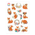4.25" x 5.8" sheet of 15 hand-drawn stickers of foxes in flower crowns.