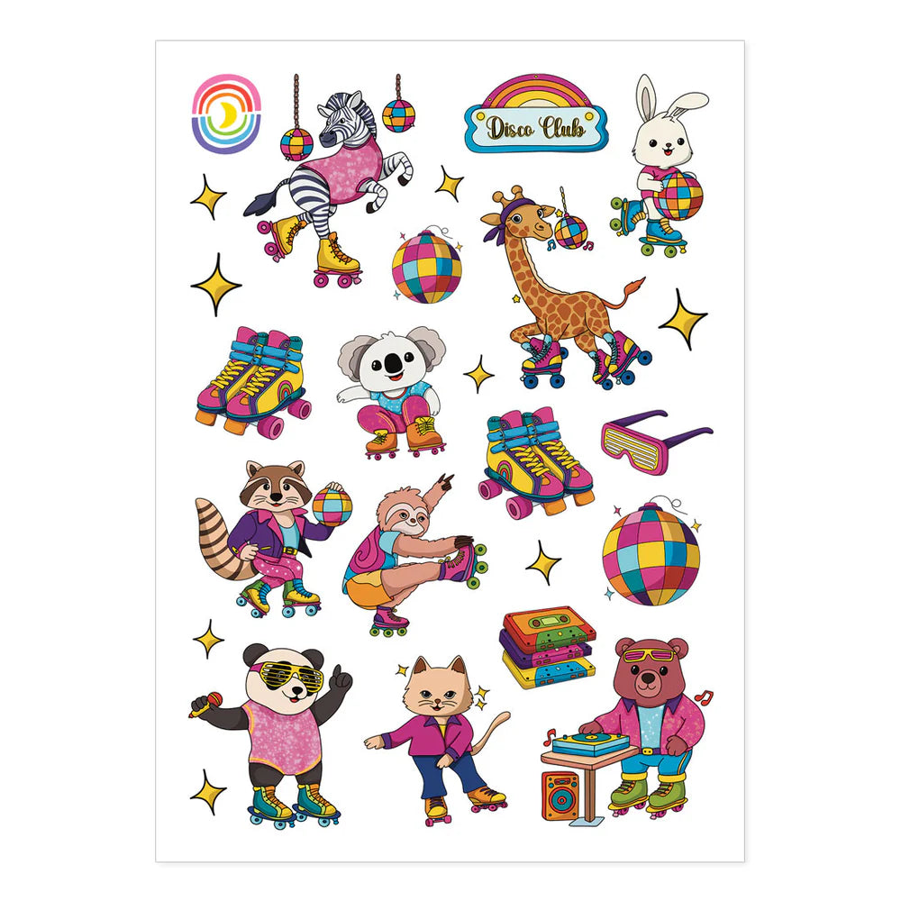 Colorful prismatic holographic stickers of roller skating animals with disco balls and retro elements on a white background