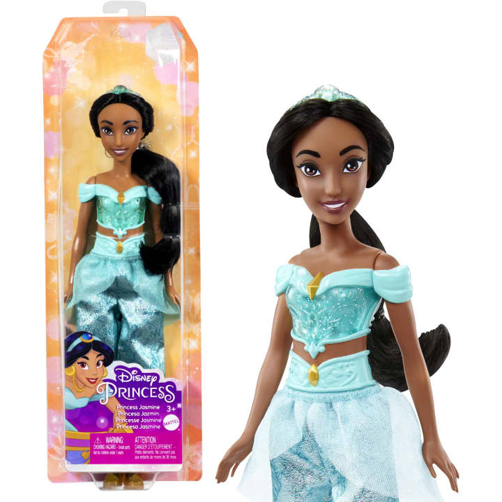 Disney Princess Jasmine doll in signature turquoise outfit with removable tiara and shoes, perfect for imaginative play.