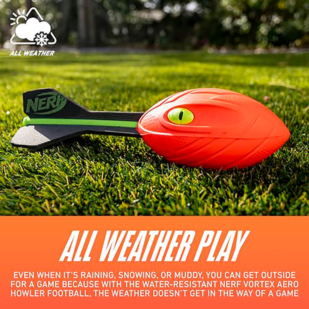 Nerf Aero Vortex Howler foam football with a flight tail and howling whistle sound for long-distance throws.