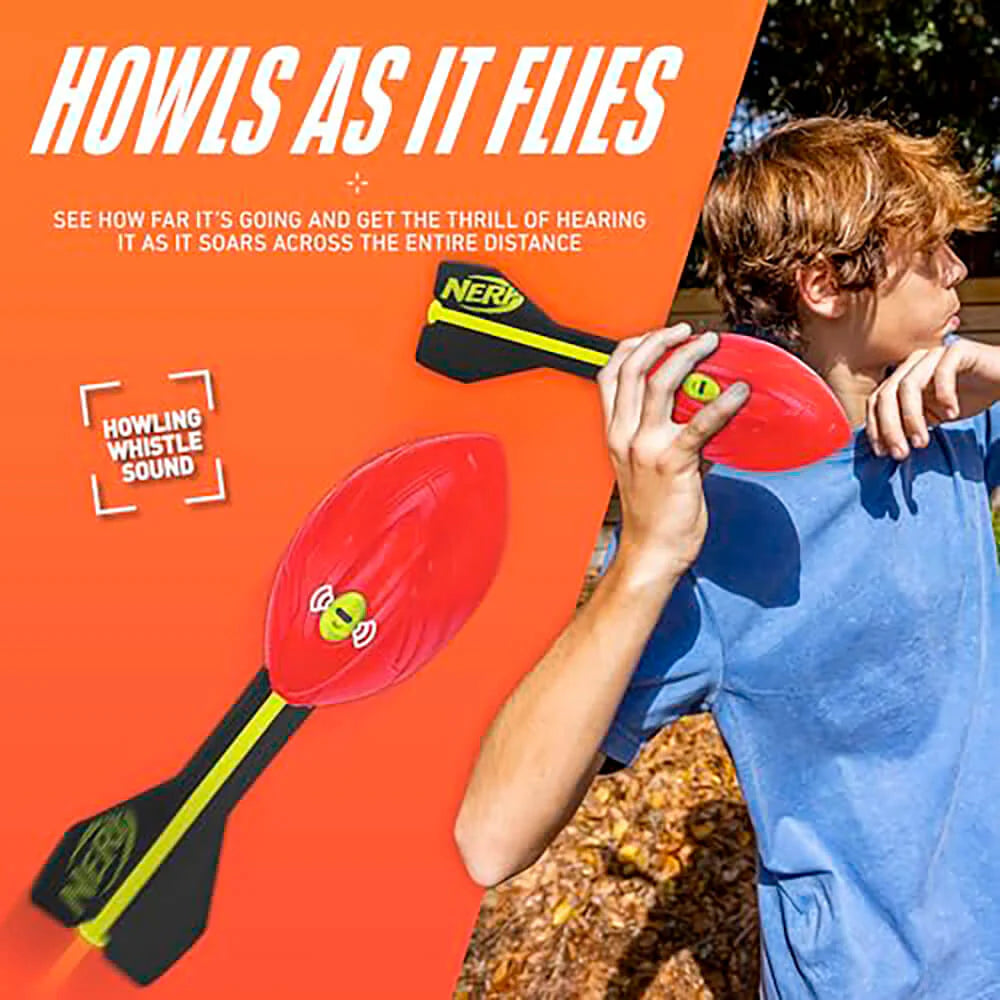 Nerf Aero Vortex Howler foam football with howling sound and flight-optimizing tail for long-distance throws.