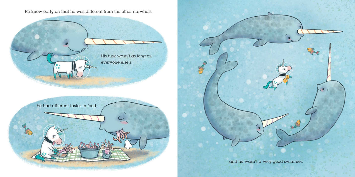 Not Quite Narwhal image shows heartwarming illustrations of a young unicorn among narwhals under the sea.