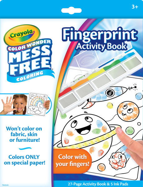 Color Wonder | Fingerprint Activity book with ink pad tray showing colorful fingerprint painting on special paper.
