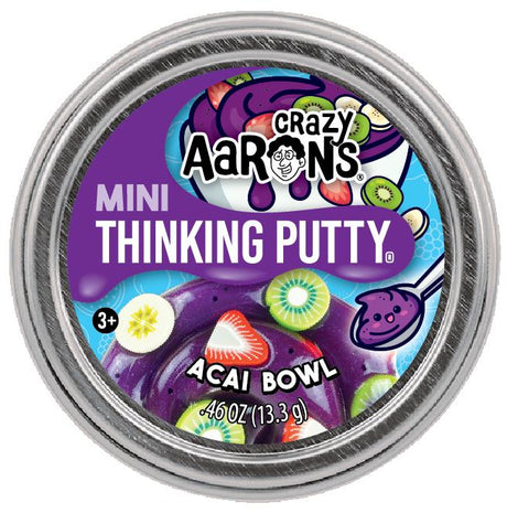 Mini Acai Bowl Thinking Putty sparkly purple with fruit-inspired pieces in a round metal tin for ages 3 and up.