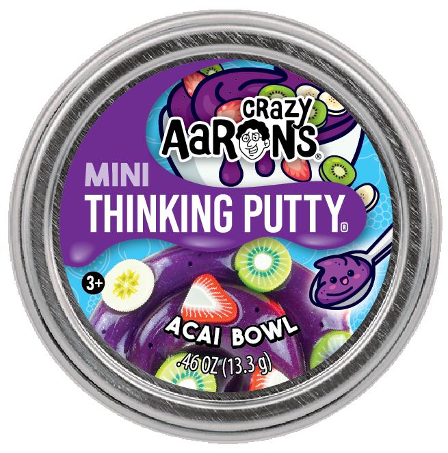 Mini Acai Bowl Thinking Putty sparkly purple with fruit-inspired pieces in a round metal tin for ages 3 and up.